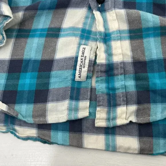 American Eagle Mens M Button Up Flannel Shirt Purple Blue Plaid Seriously Soft - Picture 4 of 10